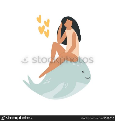 Young attractive girl sitting on a whale. Friendship concept. Vector illustration in a flat style. Young attractive girl sitting on a whale