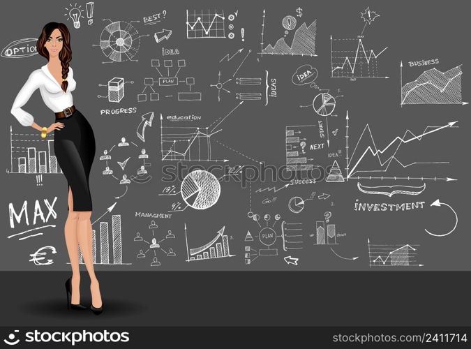 Young attractive long legged business woman against the doodle style graphs sketch design pattern