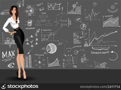 Young attractive long legged business woman against the doodle style graphs sketch design pattern