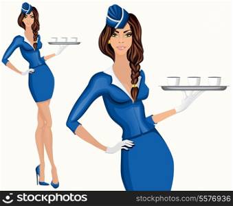 Young attractive long legged flight attendant stewardess standing with drinks vector illustration