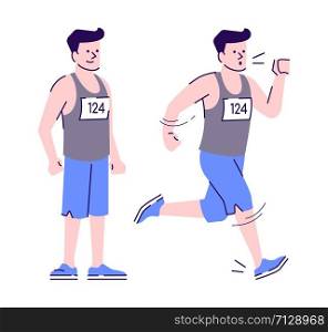Young attractive male jogger flat vector illustration. Marathon participant. Standing, running athletic caucasian man, sportsman isolated cartoon character with outline elements on white background