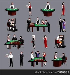 Young attractive people in casino gambling flat icons set isolated vector illustration. People In Casino