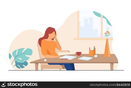 Young author or writer working on new article. Woman sitting at clean paper, crumpling pieces of drafts. Vector illustration for writing, creative crisis, journalism concept