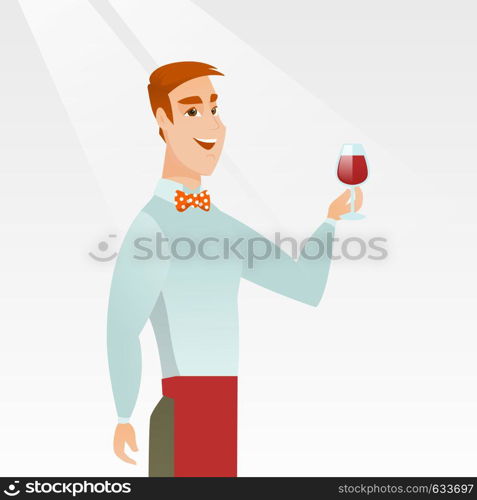 Young bartender holding a glass of wine in hand. Bartender at work. Waiter looking at a glass of red wine. Smiling bartender examining wine in a glass. Vector flat design illustration. Square layout.. Bartender holding a glass of wine in hand.