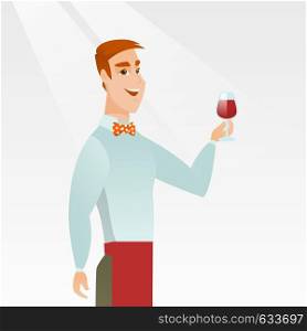 Young bartender holding a glass of wine in hand. Bartender at work. Waiter looking at a glass of red wine. Smiling bartender examining wine in a glass. Vector flat design illustration. Square layout.. Bartender holding a glass of wine in hand.