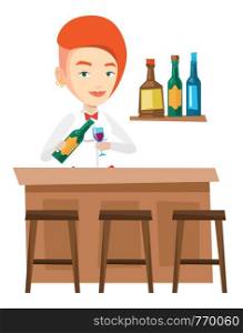 Young bartender standing at the bar counter. Bartender with bottle and glass in hands. Bartender pouring wine in a glass. Vector flat design illustration isolated on white background.. Bartender standing at the bar counter.