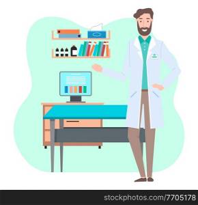 Young bearded friendly doctor or vet is standing and showing a screen on a computer monitor. Man in white medical gown in doctor s office near the examination table. Shelves with professional items. Young doctor or vet in white gown stands near the examination table and computer screen in office