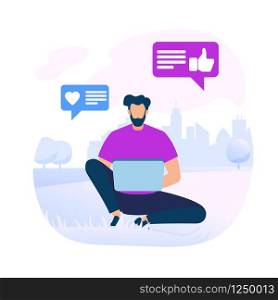Young Bearded Man in Purple Shirt Sitting on Ground Open Air with Laptop in Hands and Communicating in Internet. Social Media Icons. Heart, Thumb Up in Bubble Speech. Cartoon Flat Vector Illustration.. Young Bearded Man Sitting on Ground with Laptop