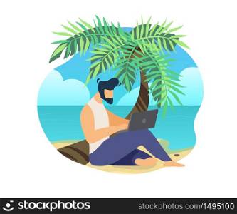 Young Bearded Man Sitting on Palm Tree Trunk at Sandy Beach Working on Laptop Isolated on White Background, Summer Time Vacation, Trip, Freelancer Work Remotely Cartoon Flat Vector Illustration, Icon. Man Sitting on Palm Trunk at Beach Work on Laptop