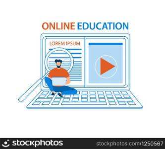 Young Bearded Man with Tablet on Knees Sitting at Keyboard of Huge Laptop and Watching Lesson. Online Education. Magnifier Searching Information. Flat Vector Illustration Isolated on White Background.. Student with Tablet Sit at Keyboard of Huge Laptop