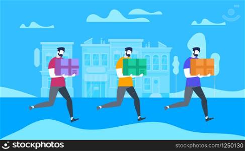Young Bearded Men Characters Carrying Bulky Cardboard Package Boxes in Hands on City View Building and Trees Blue Background. Express Delivery Service, Postal Shipping Cartoon Flat Vector Illustration. Men Characters Carry Bulky Cardboard Package Boxes
