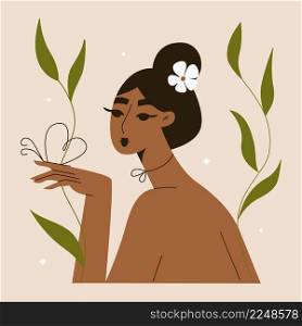 Young beautiful African American Asian woman with a flower in her hair. Women&rsquo;s mental health. Beauty of nature. Self-care, love, well-being. Women&rsquo;s day vector illustration.. Young beautiful African American Asian woman with a flower in her hair. Women&rsquo;s mental health. Beauty of nature. Self-care, love, well-being. Women&rsquo;s day vector illustration
