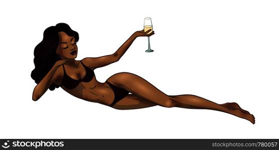 Young beautiful black woman in swimsuit holding a champagne glass. Summer holidays party girl. Glamour African American pin-up model. Vector comic illustration