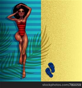 Young beautiful black woman relaxing by the sea in swimsuit. Beach girl, bikini, summer holidays. Glamour African American model. Vector comic illustration