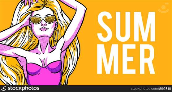 Young beautiful blonde woman in swimsuit. Beach girl, bikini, summer holidays. Glamour model. Vector comic illustration