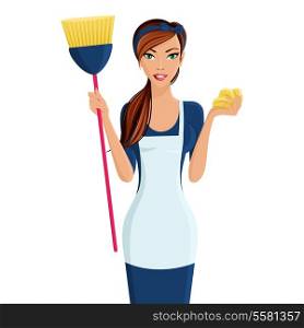 Young beautiful cleaning lady professional standing in apron with broom and dustcloth in hands isolated vector illustration
