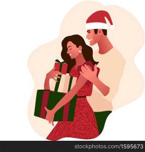 Young beautiful couple celebrating Christmas. Girl holds Christmas boxes with presents. Christmas hat, gifts, happiness vector illustration. New Year 2021 celebration. Traditional green and red color.