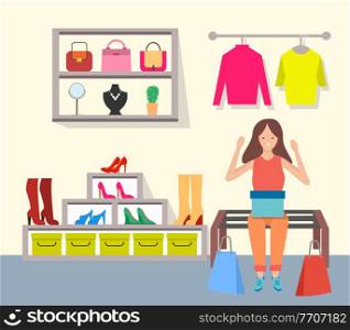 Young beautiful fashion shopper girl in the store. Female character is sitting on a bench with box on her knees. Woman shopping in the boutique. Selling clothes, accessories and shoes for clients. Woman shopping in a mall vector illustration. Girl sitting with a box on her knees in a boutique
