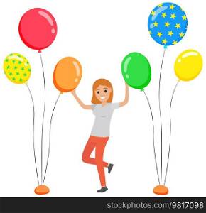 Young beautiful girl dancing between balloons. Celebration party, fun activity, feeling excited concept. Female character dancing, moving rhythmically. Lady in dance rejoicing, celebrating event. Young beautiful girl dancing between balloons. Lady in dance rejoices. Celebration of event