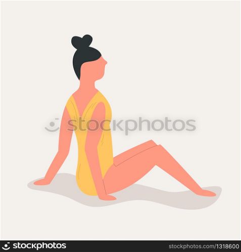 Young beautiful girl in a swimming suit sitting in a beach. Vector colorful illustration. Young beautiful sitting girl in a swimming suit