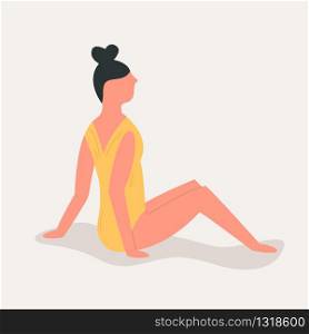 Young beautiful girl in a swimming suit sitting in a beach. Vector colorful illustration. Young beautiful sitting girl in a swimming suit