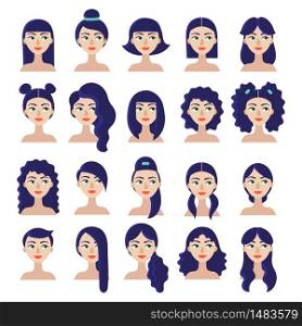 Young beautiful girl portrait. Different haircuts and hairstyles for straight and curly hair. Set of 20 heads. Flat isolated vector