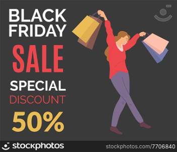 Young beautiful happy girl buys presents on the sale. Female character with shopping bags in her hands on the black friday. Announcement of a fifty percent discount. Special offer in the store. Announcement of a fifty percent discount. Girl with colorful packages during the black friday