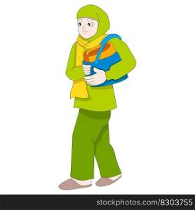 young beautiful islamic girl is walking towards the mosque to worship. vector design illustration art