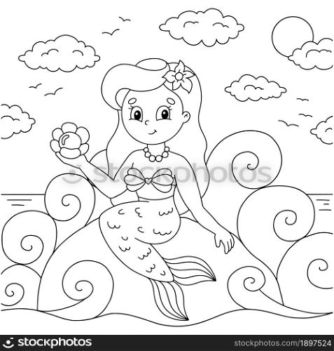 Young beautiful little mermaid sits on a stone. Coloring book page for kids. Cartoon style character. Vector illustration isolated on white background.