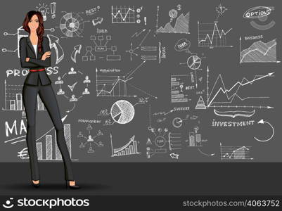 Young beautiful long legged business woman against the doodle style sketch background in formal suit vector illustration