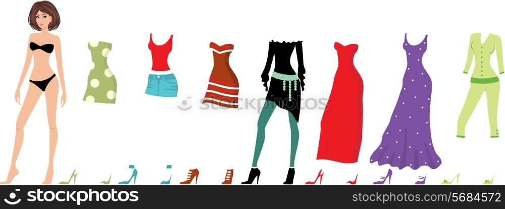 Young beautiful paper dolls with clothes set