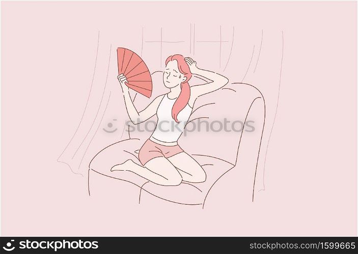 Young beautiful, sweet girl or woman with closed eyes sitting on the couch at home very hot, stuffy, uncomfortable. The air conditioning s broken. Cartoon flat Design Isolated Vector illustration. Young beautiful, sweet girl or woman with closed eyes sitting on the couch at home very hot, stuffy, uncomfortable. The air conditioning s broken.