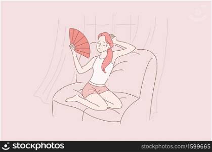 Young beautiful, sweet girl or woman with closed eyes sitting on the couch at home very hot, stuffy, uncomfortable. The air conditioning s broken. Cartoon flat Design Isolated Vector illustration. Young beautiful, sweet girl or woman with closed eyes sitting on the couch at home very hot, stuffy, uncomfortable. The air conditioning s broken.