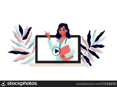 Young beautiful woman doctor on laptop screen. Quarantine type. Covid-19 Prevention recommendation. Vector illustration.
