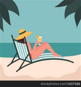 Young beautiful woman in a hat lies on a deck chair and drinks orange juice. Vacation at sea, relaxation, shore, sand. Flat vector illustration.