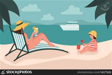 Young beautiful woman in a hat lies on a deck chair and drinks orange juice. Vacation with children.Mother and daughter.Flat vector illustration.