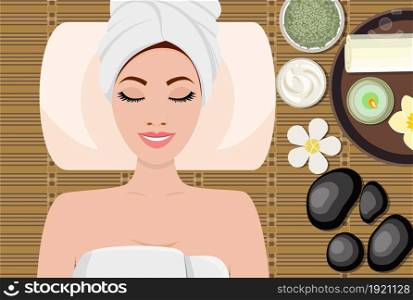 young beautiful woman in spa. Woman getting spa treatment. Girl resting, relaxing. Clean skin, healthy fresh face massage. SPA beauty and health concept. Vector illustration in flat style. young beautiful woman in spa