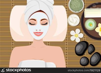 young beautiful woman in spa. Woman getting spa treatment. Girl resting, relaxing. Clean skin, healthy fresh face massage. SPA beauty and health concept. Vector illustration in flat style. young beautiful woman in spa