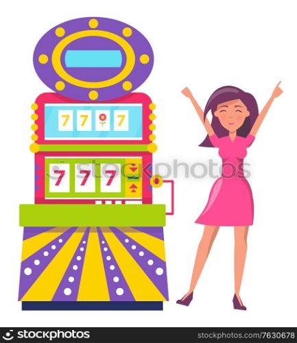 Young beautiful woman play in gambling. Person win and raising hands up. Lady wearing dress won money in slot machine showing lucky sevens 777. Luck and bingo in casino. Vector n flat style. Machine for Winning Money, Happy Gambler Woman