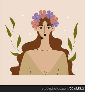 Young beautiful woman with a flower wreath on her head. Women&rsquo;s mental health, blooming brain, positive mind and spring. Girl The beauty of nature. Women&rsquo;s day vector illustration.. Young beautiful woman with a flower wreath on her head. Women&rsquo;s mental health, blooming brain, positive mind and spring. Girl The beauty of nature. Women&rsquo;s day vector illustration