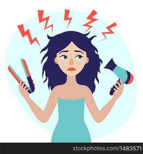 Young beautiful woman with hair dryer and styler in her hand. Hair problem. Damage. Flat vector illustration