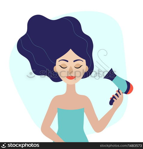 Young beautiful woman with hair dryer in her hand. Flat vector illustration