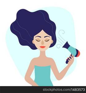 Young beautiful woman with hair dryer in her hand. Flat vector illustration