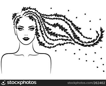 Young beautiful woman with long wavy luxury floral hair in flow and with sensual face, black stencil vector on the white background, hand drawing