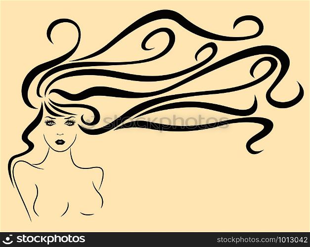 Young beautiful woman with long wavy luxury hair in flow and with sensual face, brown outline vector on the beige background, hand drawing