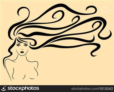 Young beautiful woman with long wavy luxury hair in flow and with sensual face, brown outline vector on the beige background, hand drawing