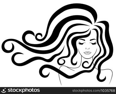 Young beautiful woman with long wavy luxury hair in flow and with closed eyes, black vector isolated on the white background, hand drawing