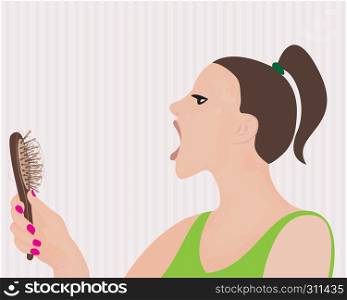 Young beautiful woman worried about hair loss holding comb looking at it vector illustration