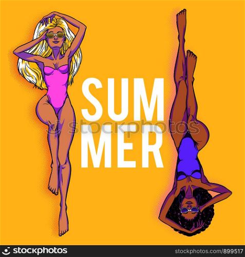 Young beautiful women in swimsuit. White blond woman and black brutennte woman. Beach girls, bikini, summer holidays. Glamour models. Vector comic illustration