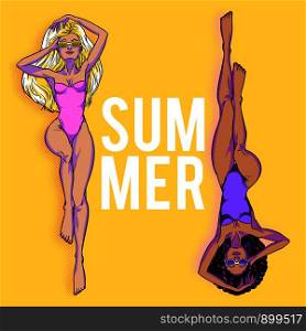 Young beautiful women in swimsuit. White blond woman and black brutennte woman. Beach girls, bikini, summer holidays. Glamour models. Vector comic illustration